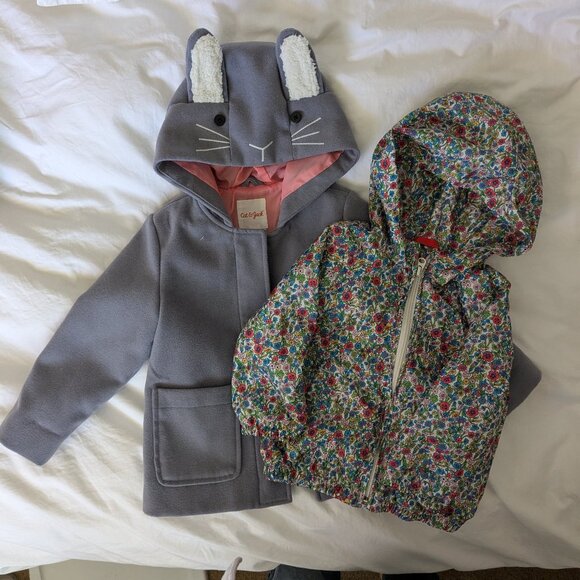 Jacket bundle- hooded bunny coat + floral rain jacket/windbreaker with hood - Picture 1 of 7